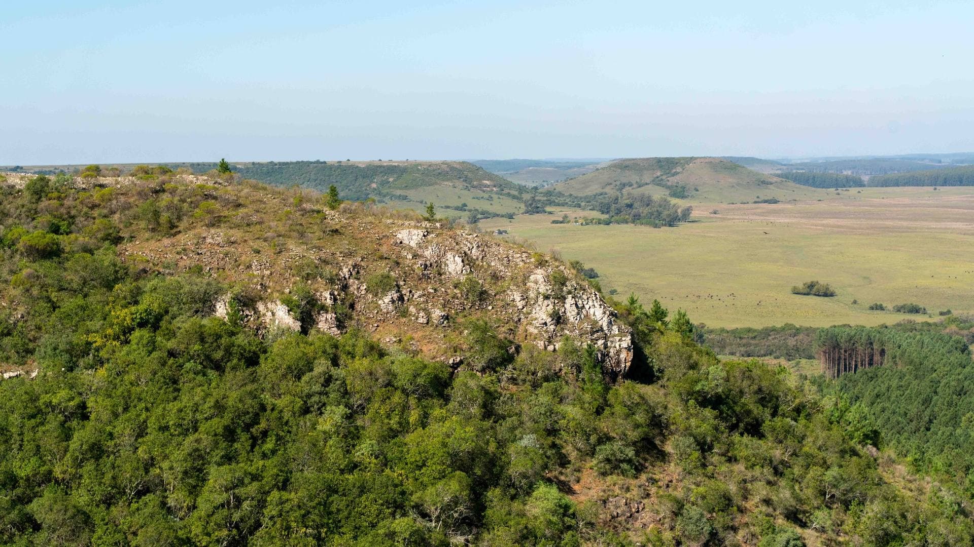 Formación rocosa cubierta de bosque nativo con praderas y cerros al fondo